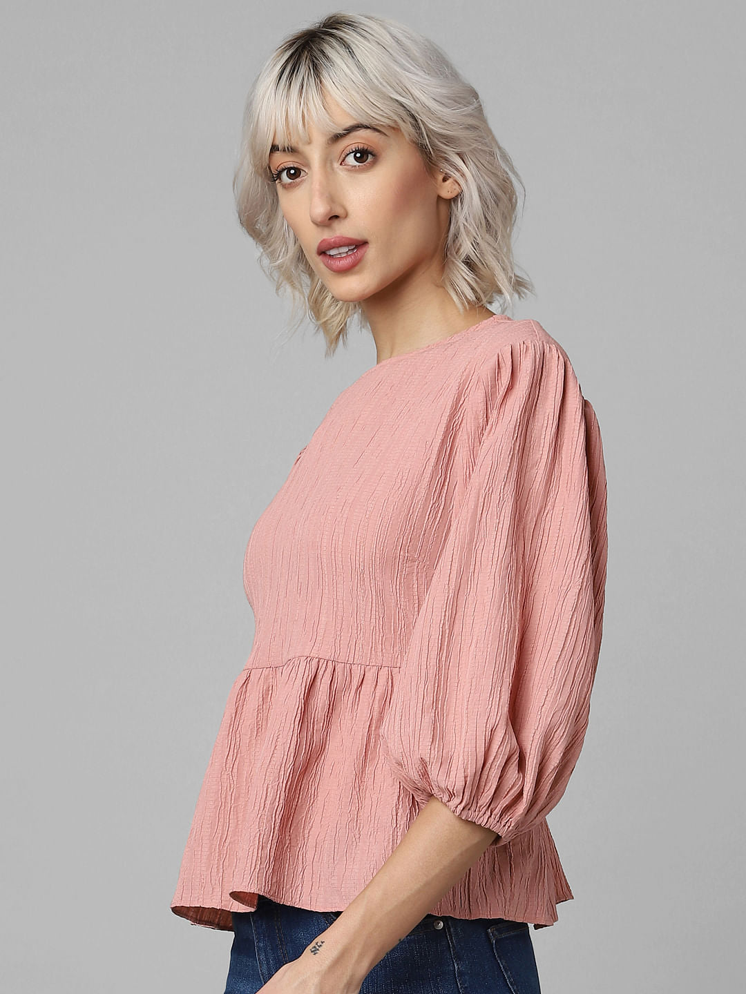 Pink Crinkled Peplum Top