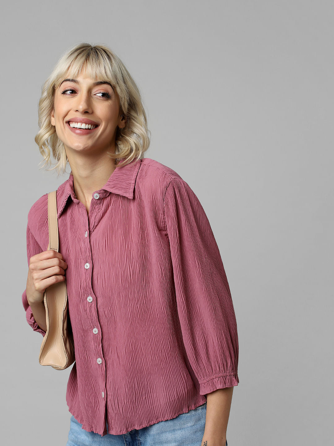 Pink Crinkled Ruffle Detail Shirt