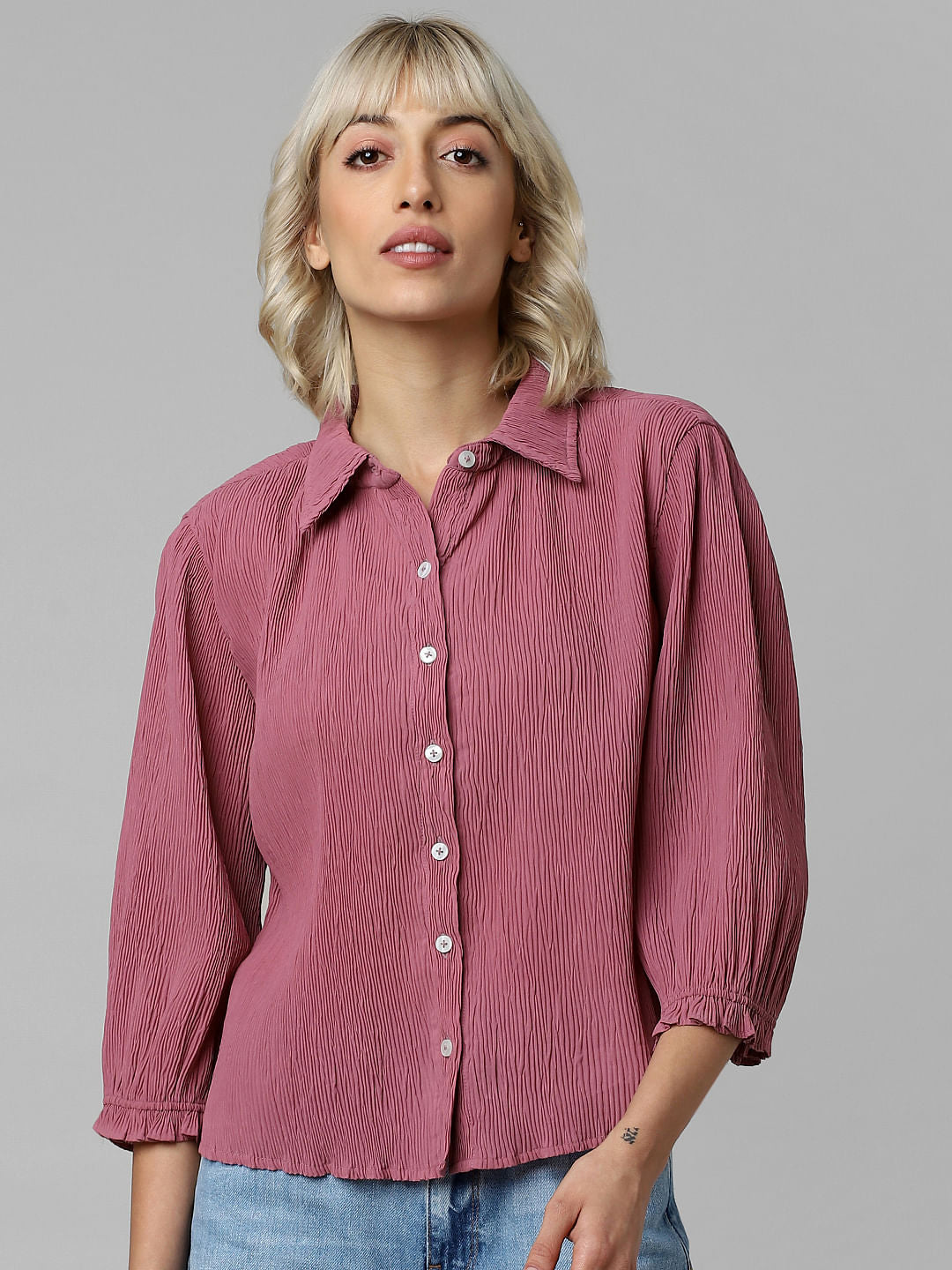 Pink Crinkled Ruffle Detail Shirt