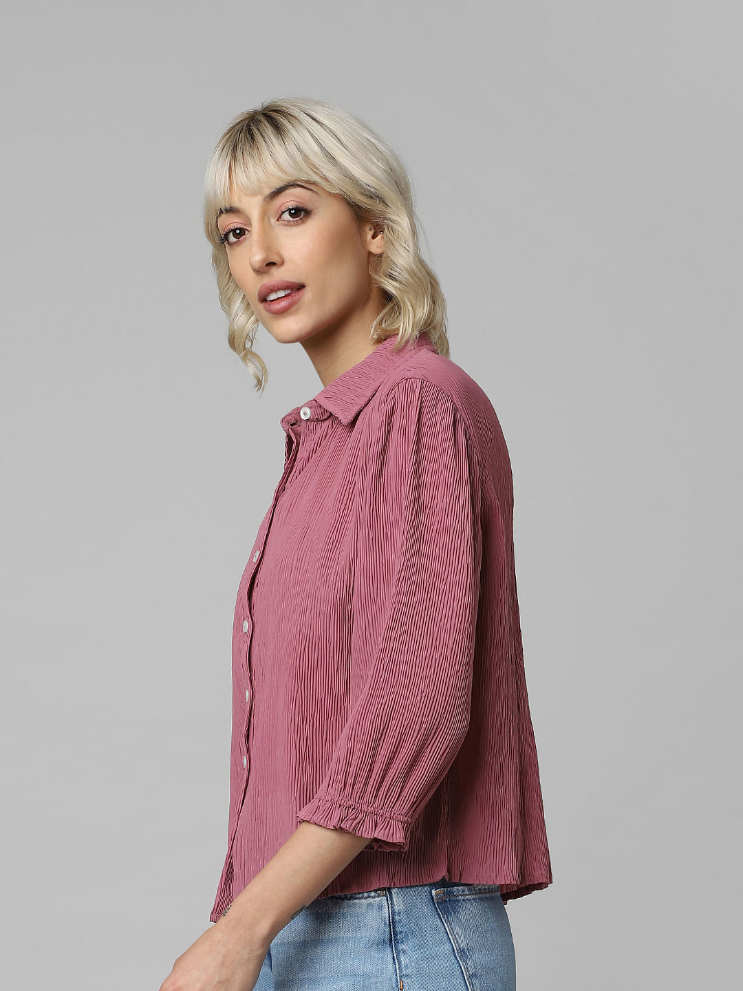 Pink Crinkled Ruffle Detail Shirt