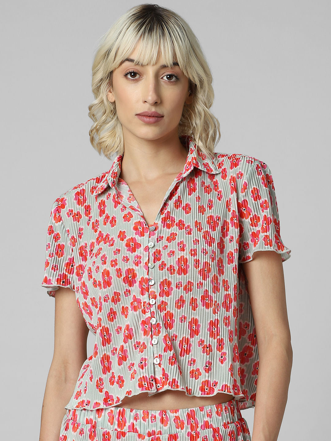 Red Plisse Cropped Co-Ord Set Shirt