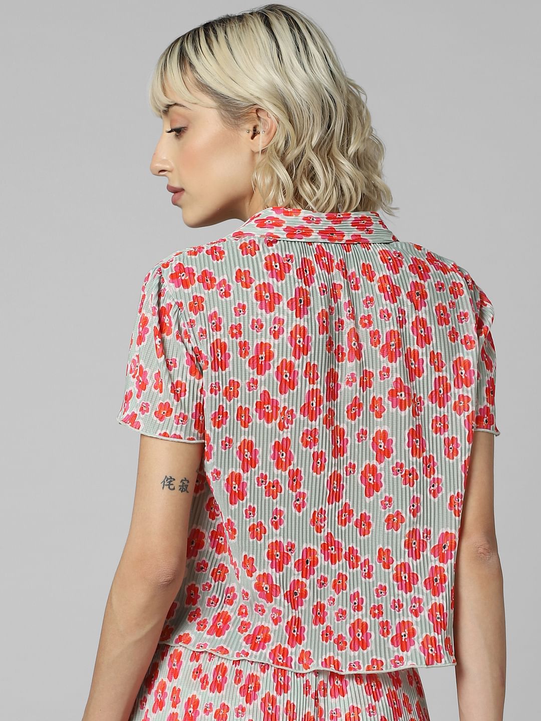Red Plisse Cropped Co-Ord Set Shirt