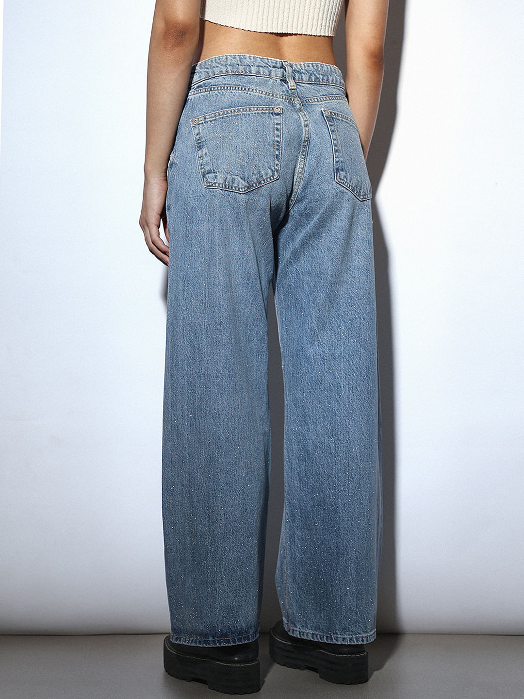 Blue Silver Shimmer Coated Wide Leg Jeans