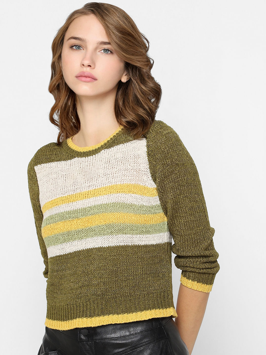 Green Colourblocked Knit Pullover