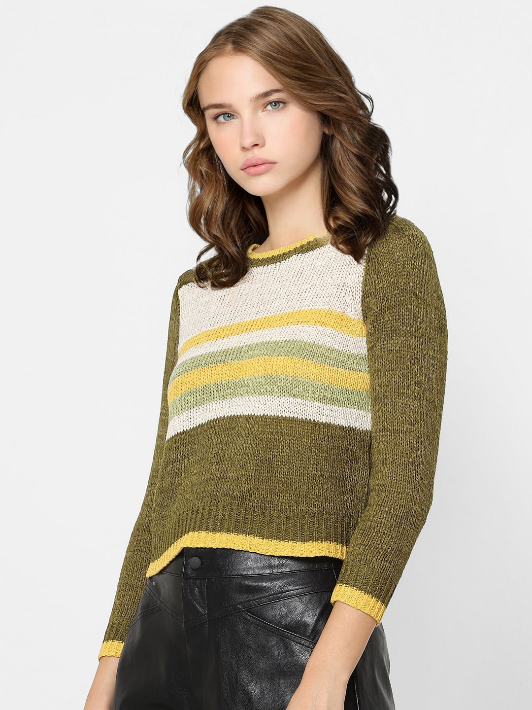 Green Colourblocked Knit Pullover