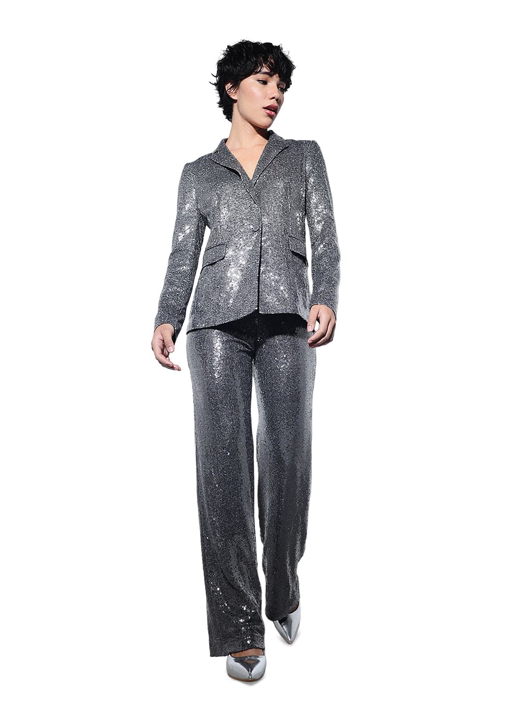 Silver Sequined Co-Ord Set Pants