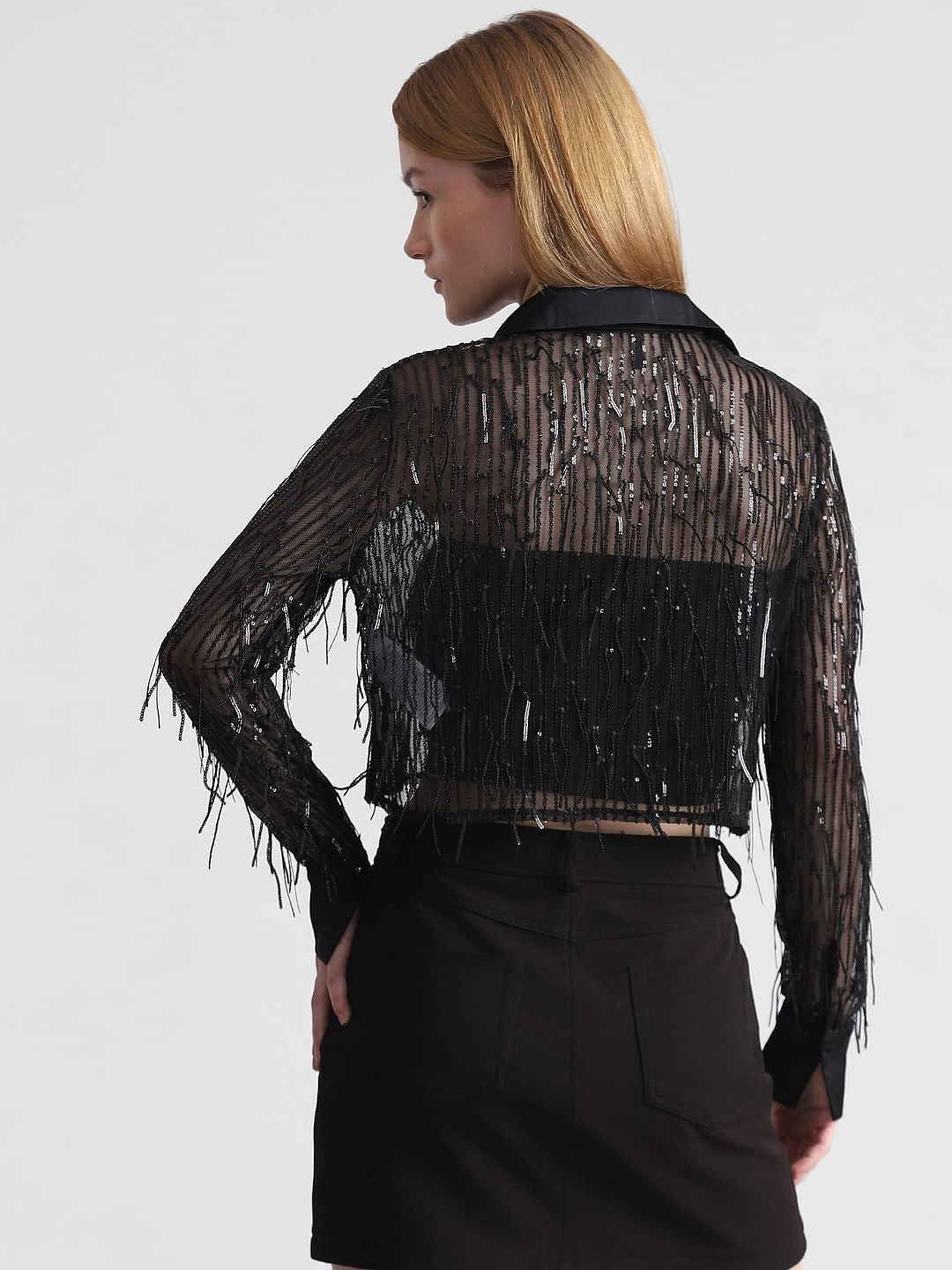 Black Sequined Mesh Shirt