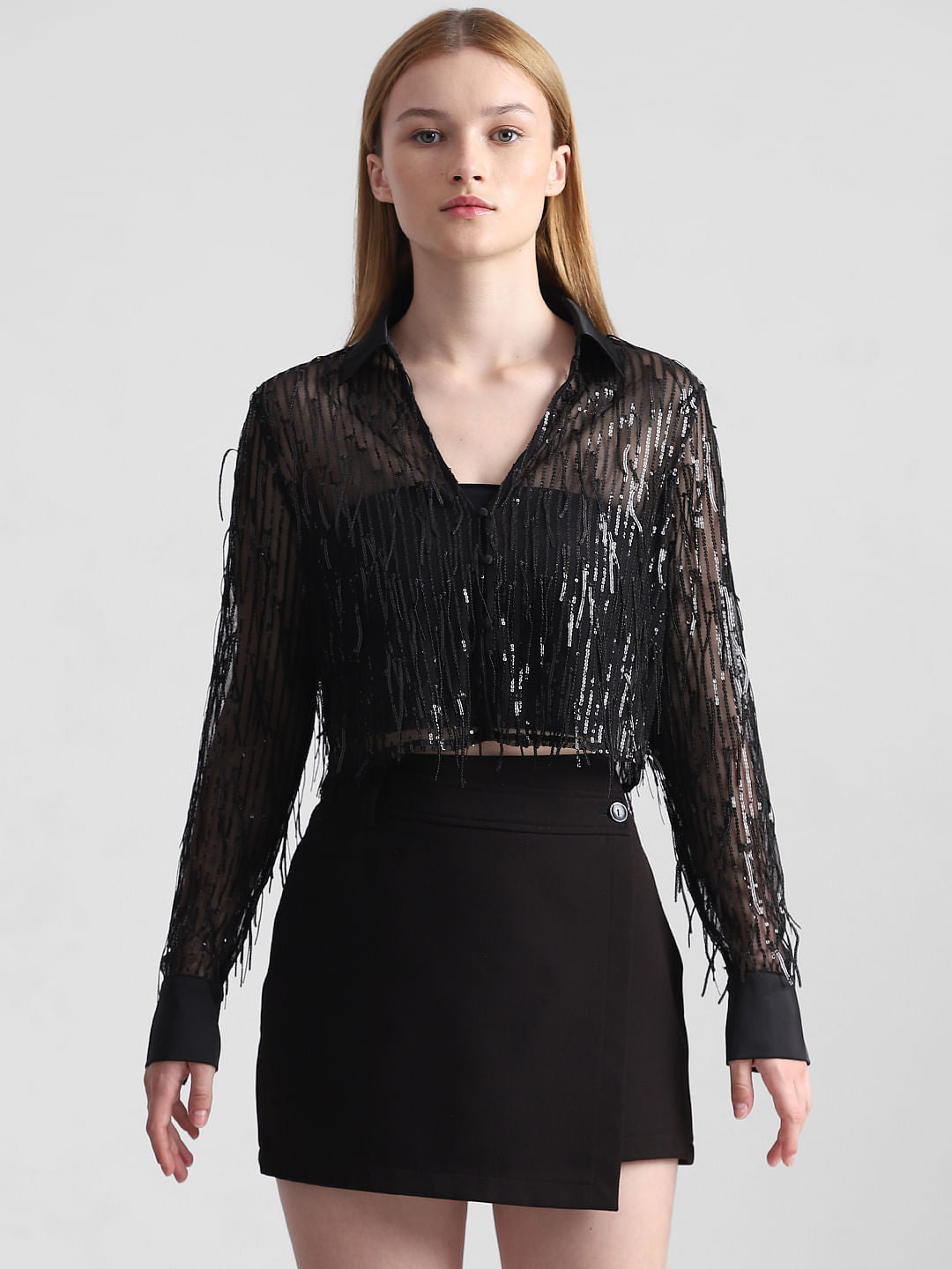 Black Sequined Mesh Shirt