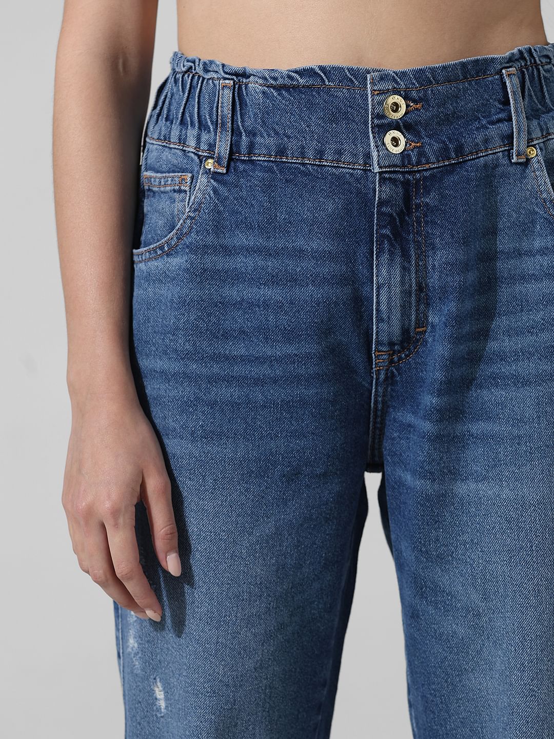 Blue High Rise Low Distress Carrot Fit Jeans