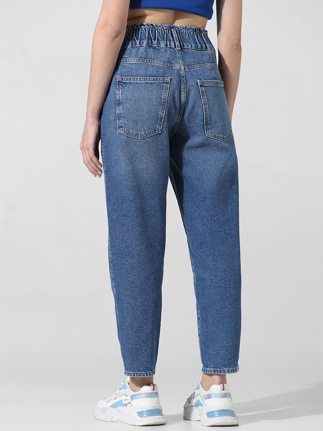 Blue High Rise Low Distress Carrot Fit Jeans