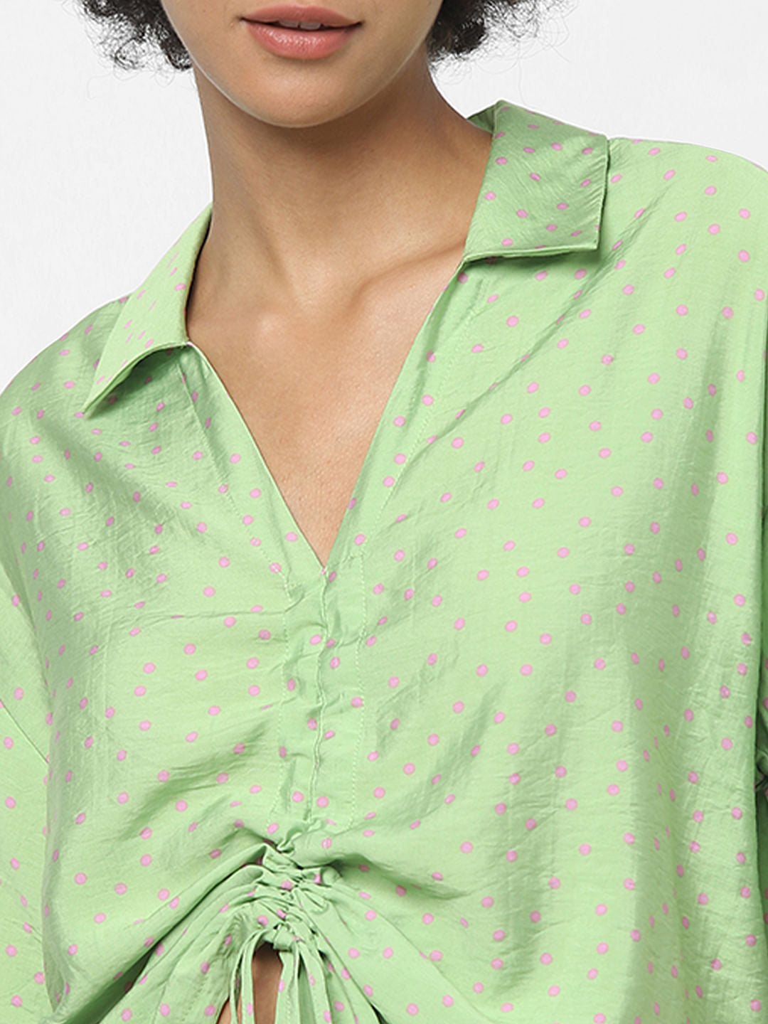 Green Polka Dot Print Cropped Shirt
