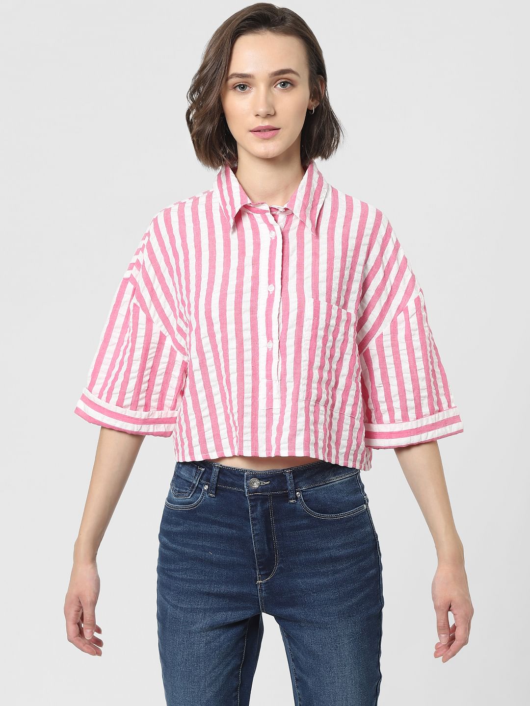 Pink Striped Cropped Shirt