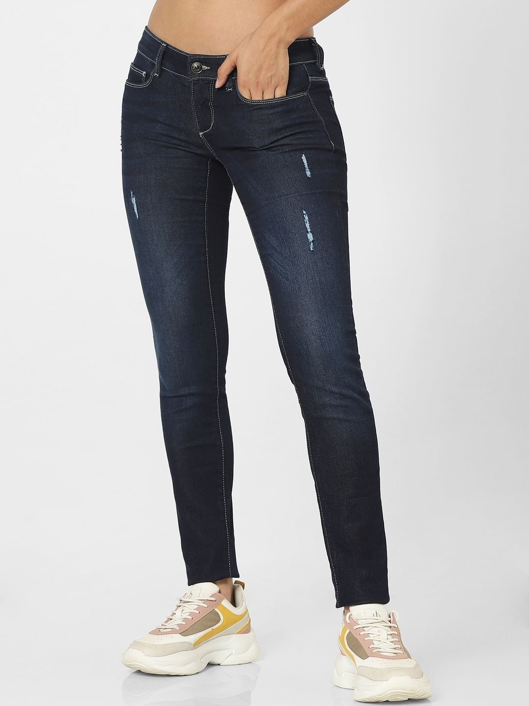 Dark Blue High Waist Distressed Skinny Jeans