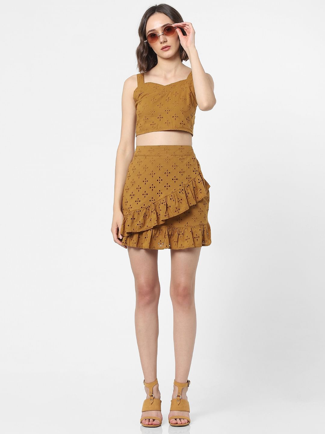 Brown Schiffli Embroidered Co-Ord Skirt