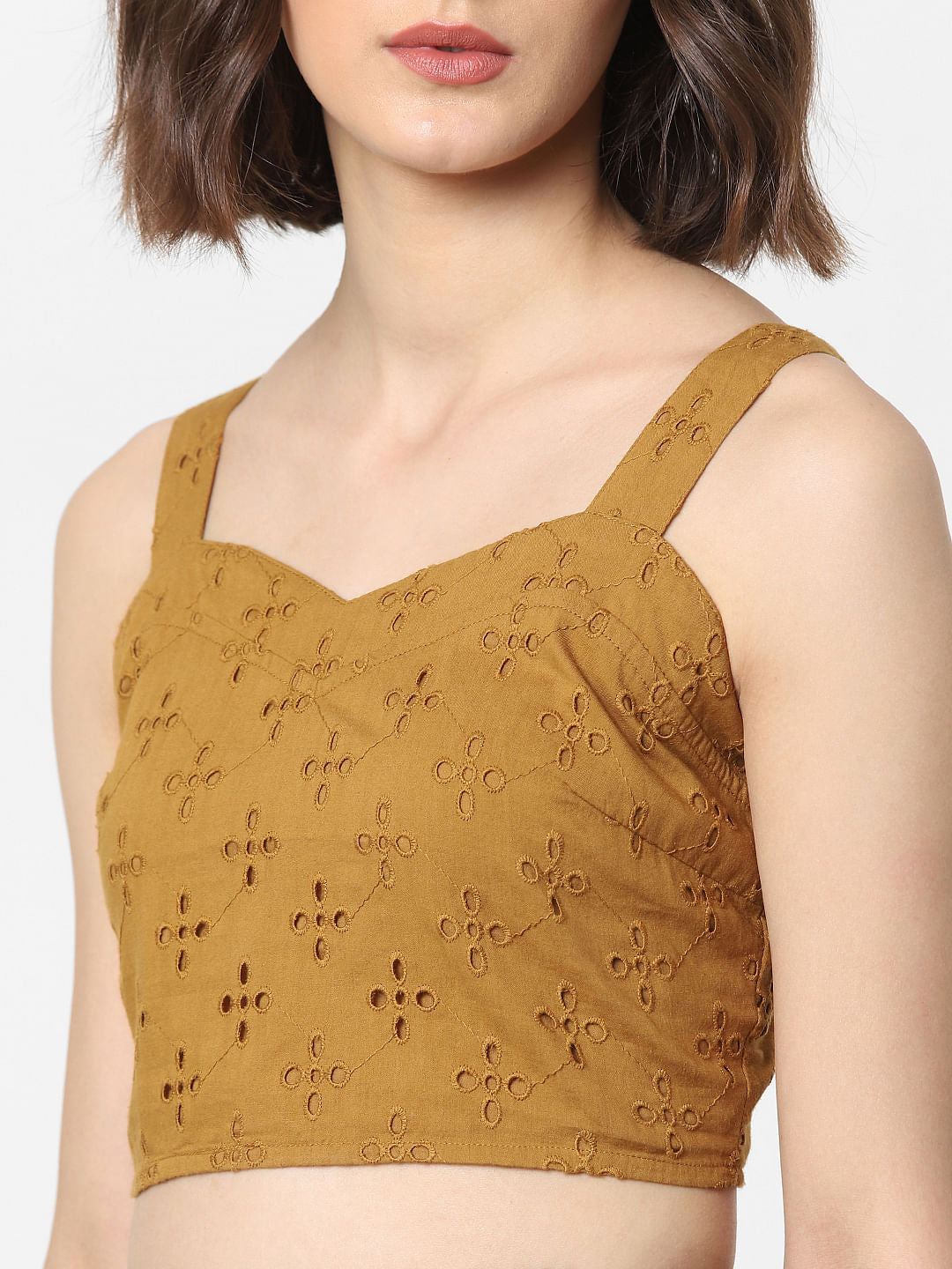 Brown Schiffli Embroidered Co-Ord Crop Top