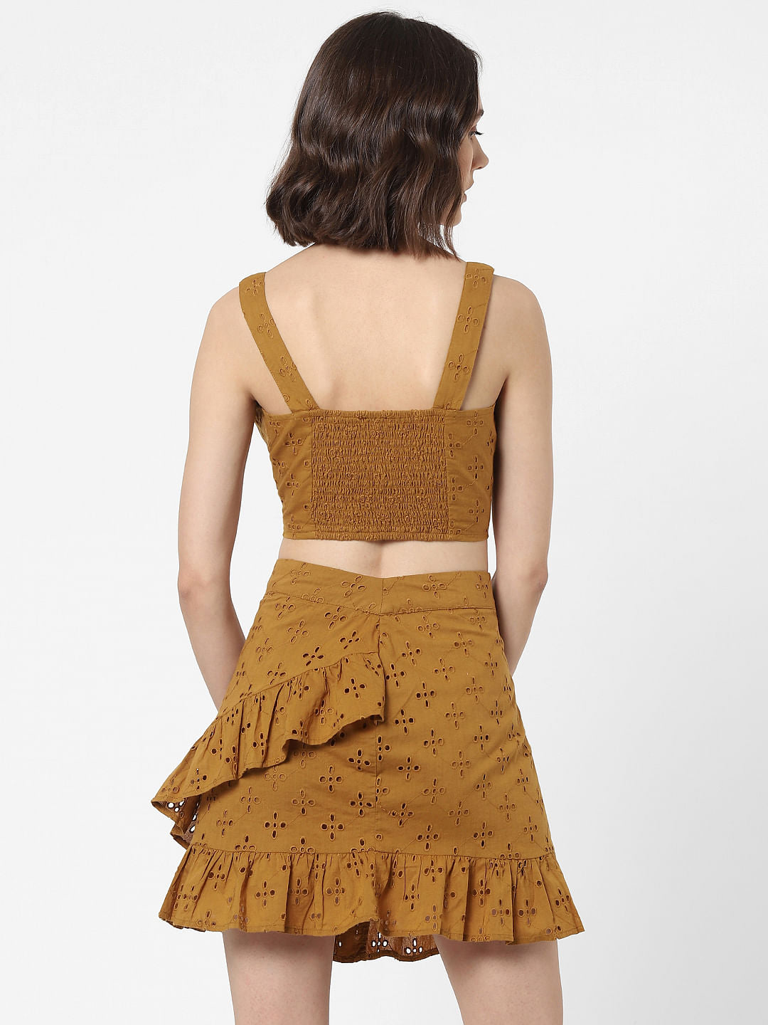 Brown Schiffli Embroidered Co-Ord Crop Top