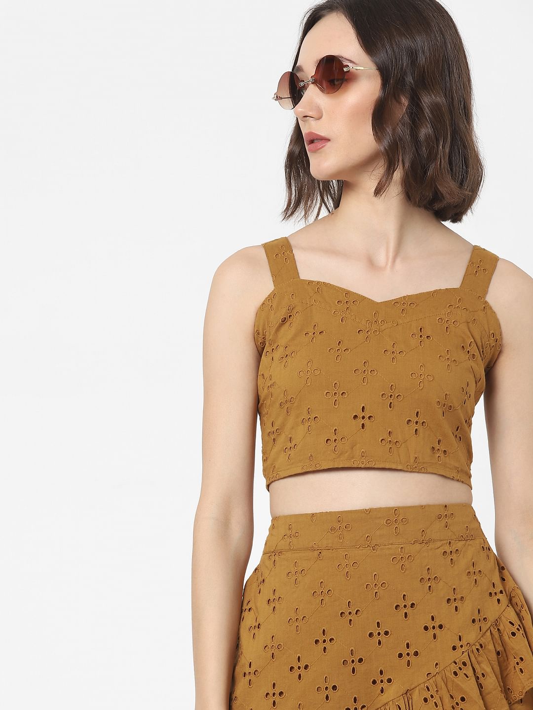 Brown Schiffli Embroidered Co-Ord Crop Top