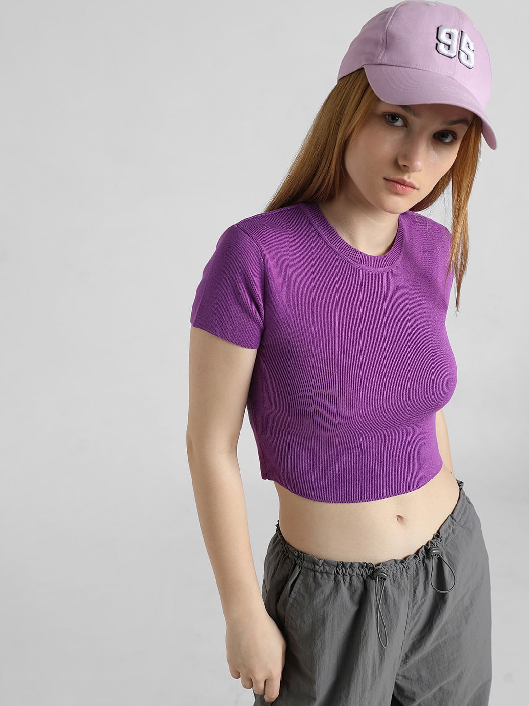 Dark Purple Ribbed Cropped Top