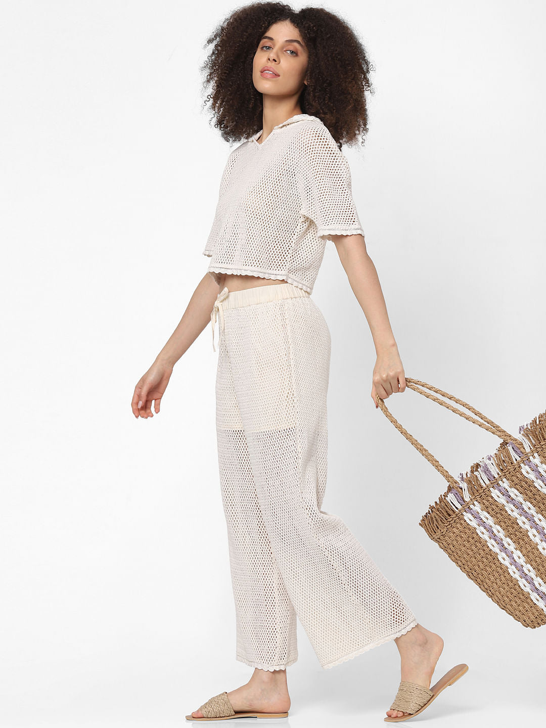 Beige Crochet Co-Ord Trousers