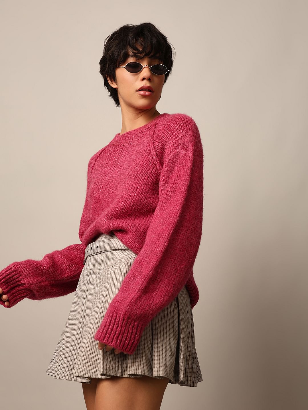 Dark Pink Raglan Sleeves Pullover