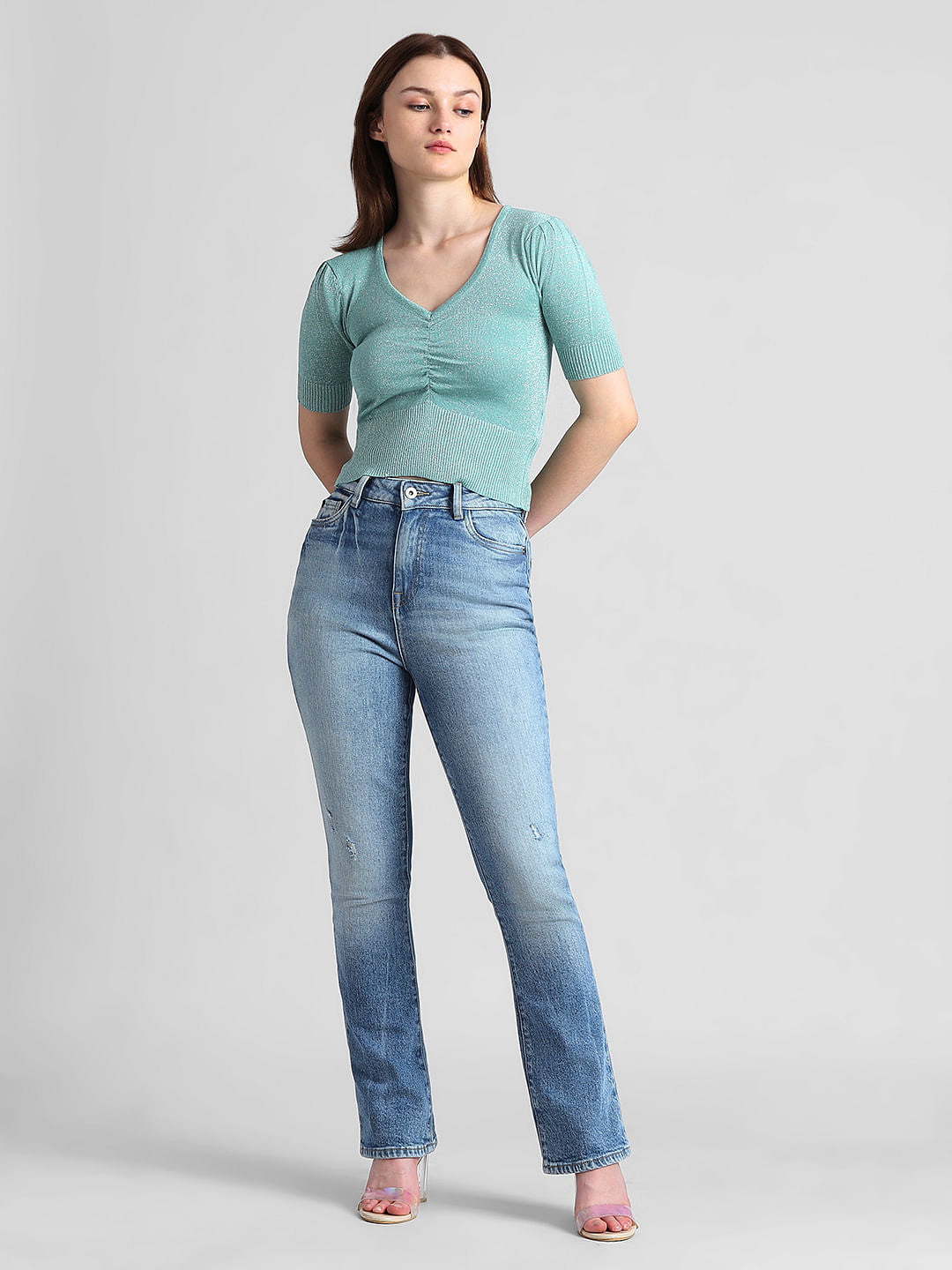 Green Rib-Knit Fitted Top