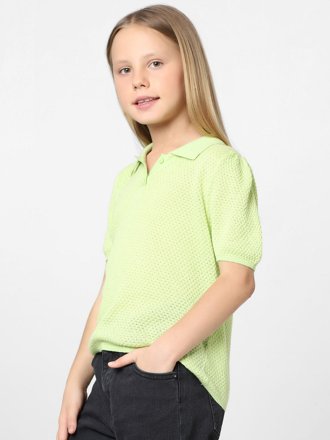 Girls Green Knit Polo T-Shirt