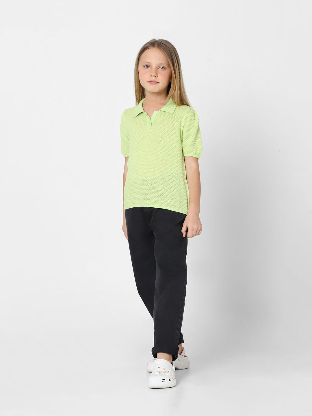 Girls Green Knit Polo T-Shirt