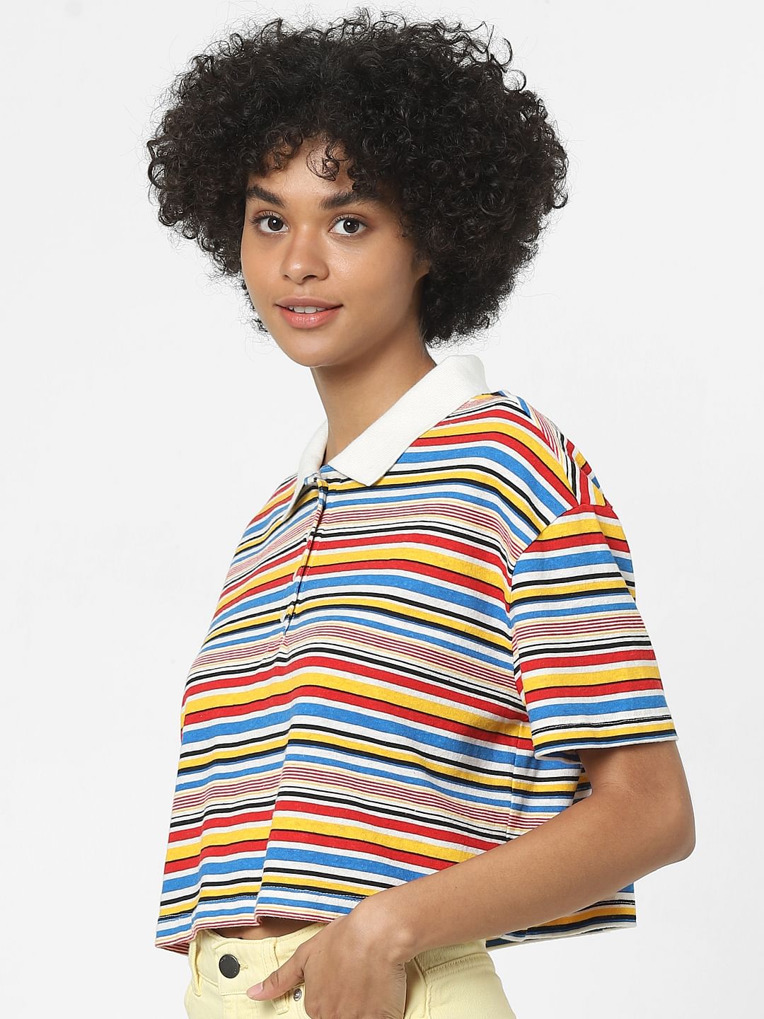 Multi-Coloured Striped Polo Neck Top