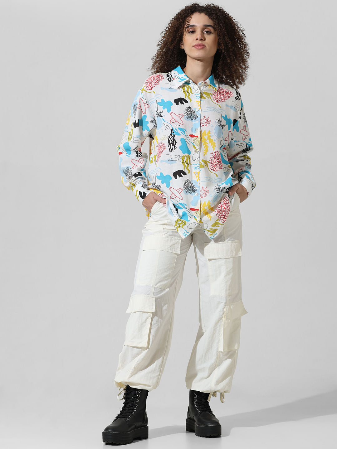 White Abstract Print Oversized Shirt