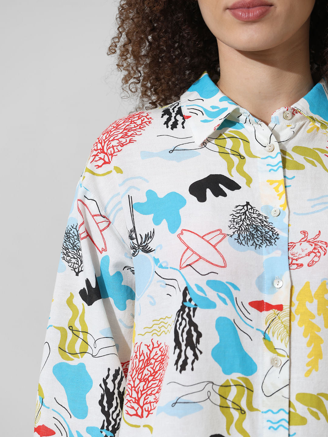 White Abstract Print Oversized Shirt