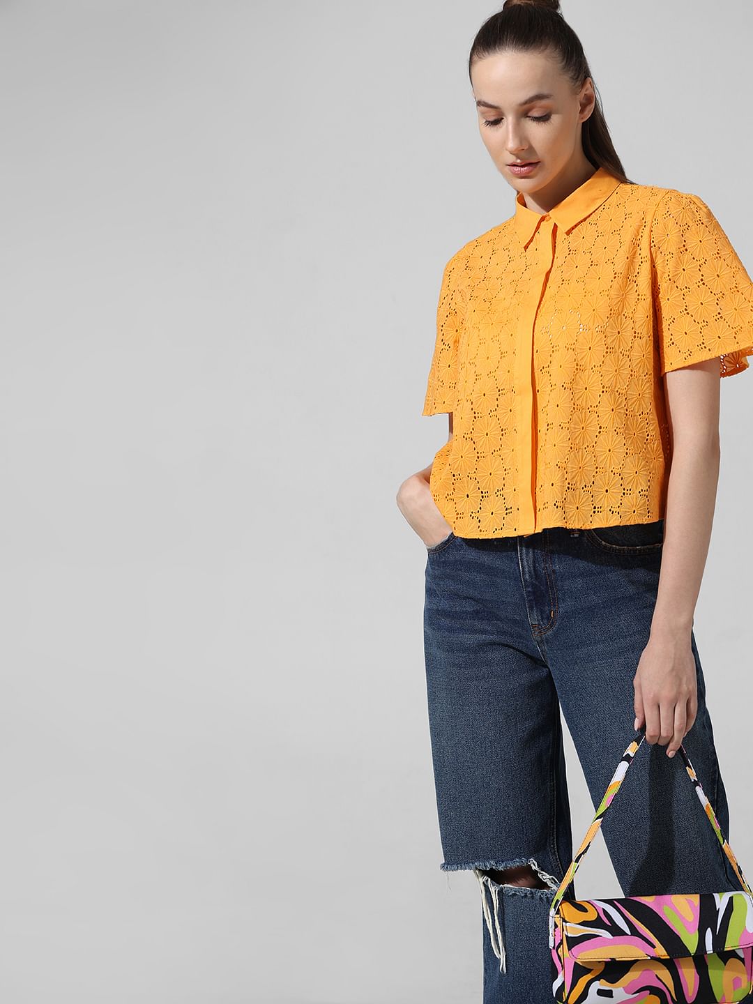 Orange Schiffli Cotton Shirt - 34