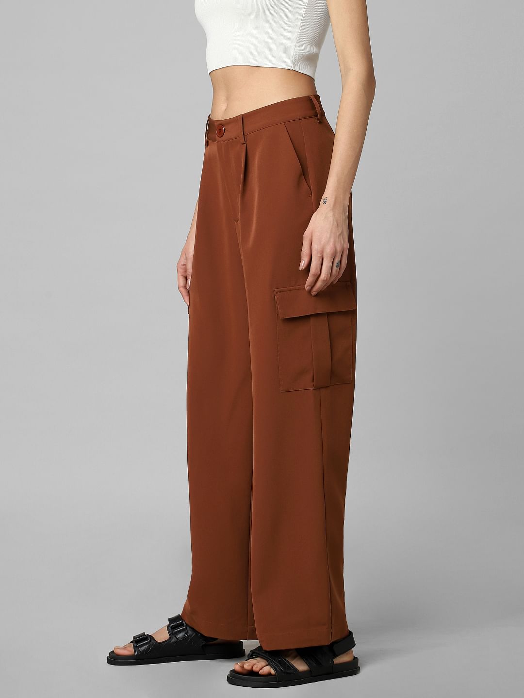 Brown Mid Rise Twill Cargo Pants