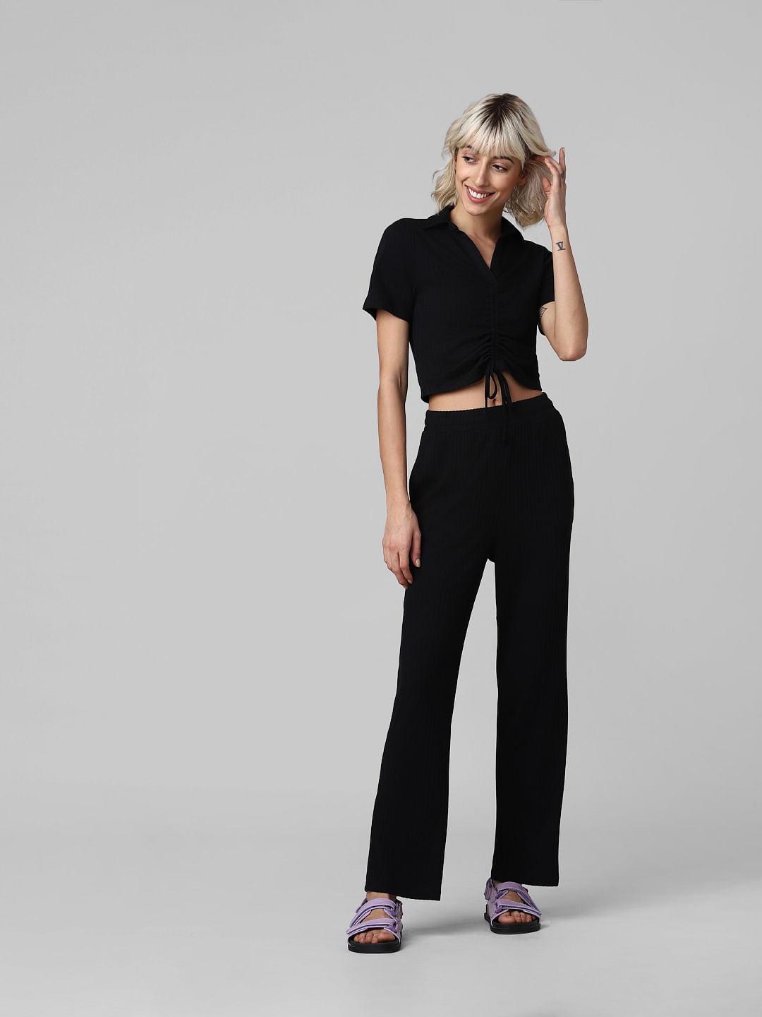 Black Ribbed Drawstring Co-Ord Top