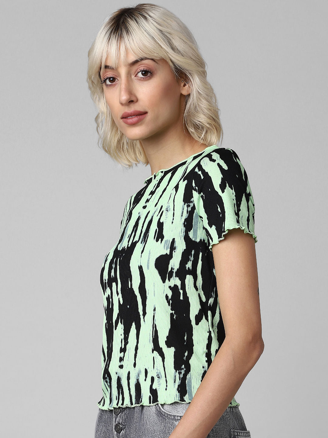 Black Printed Ribbed T-Shirt