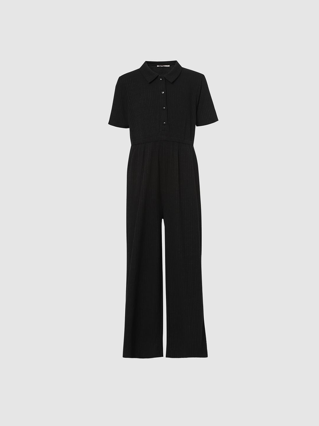 Girls Black Collared Ribbed Jumpsuit