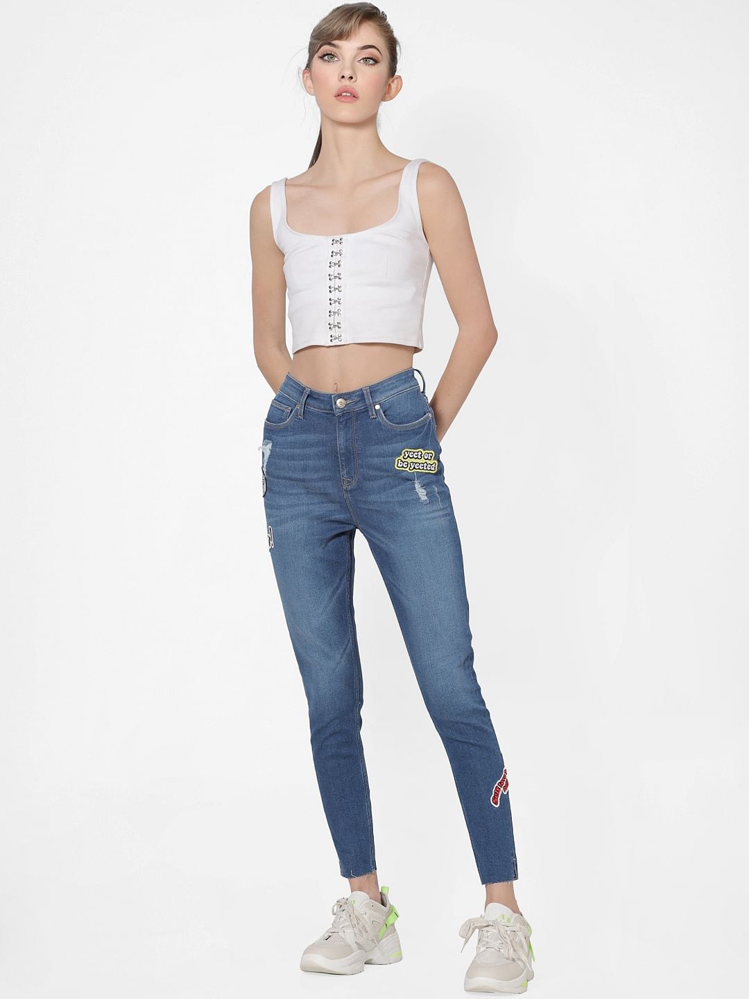 Blue Mid Rise Patch Print Distressed Skinny Jeans