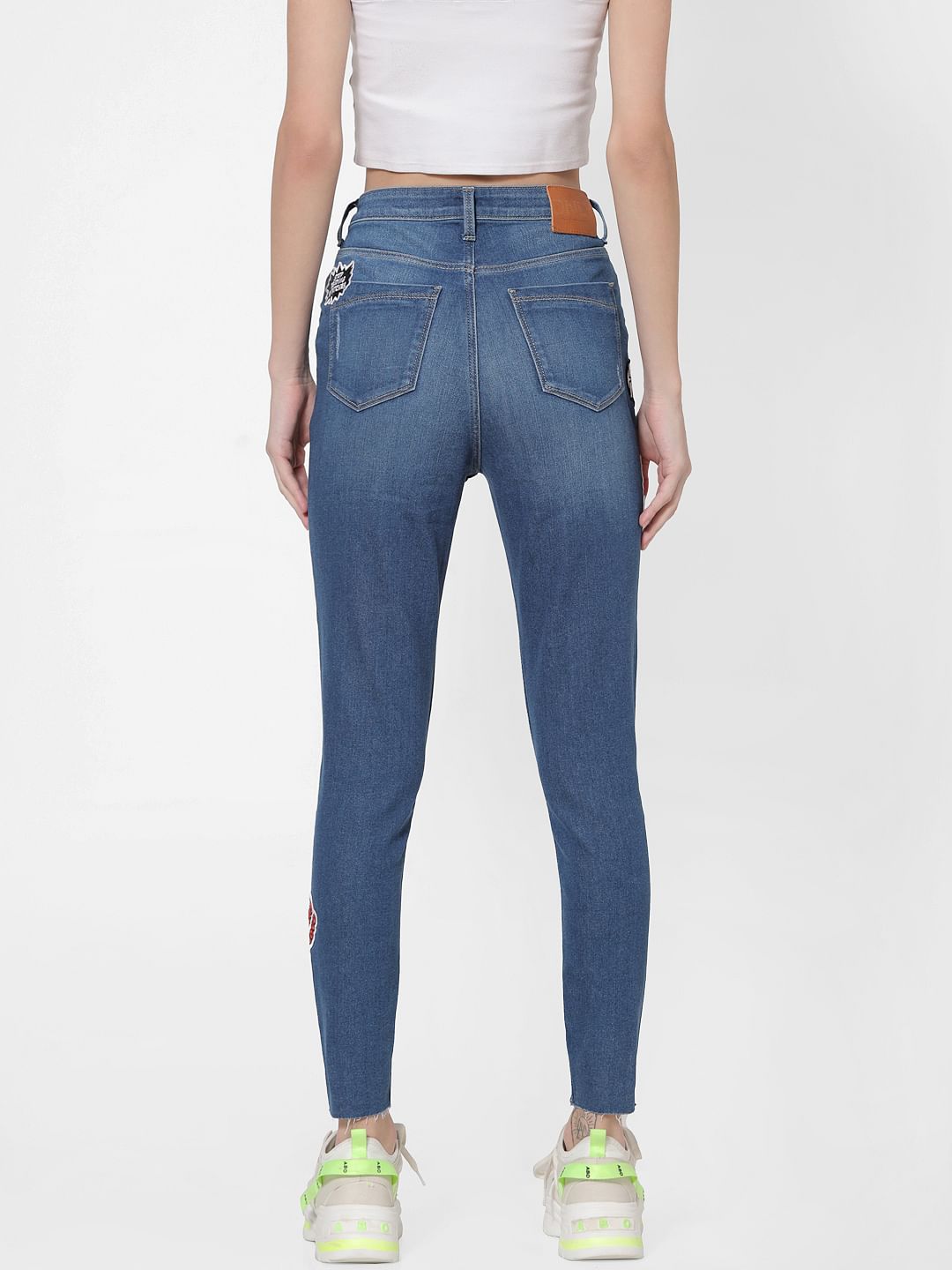 Blue Mid Rise Patch Print Distressed Skinny Jeans