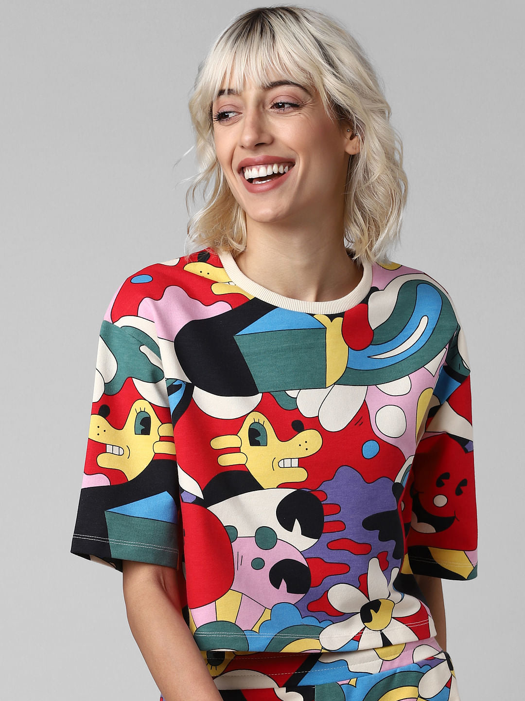 White All Over Print Cropped Sweatshirt