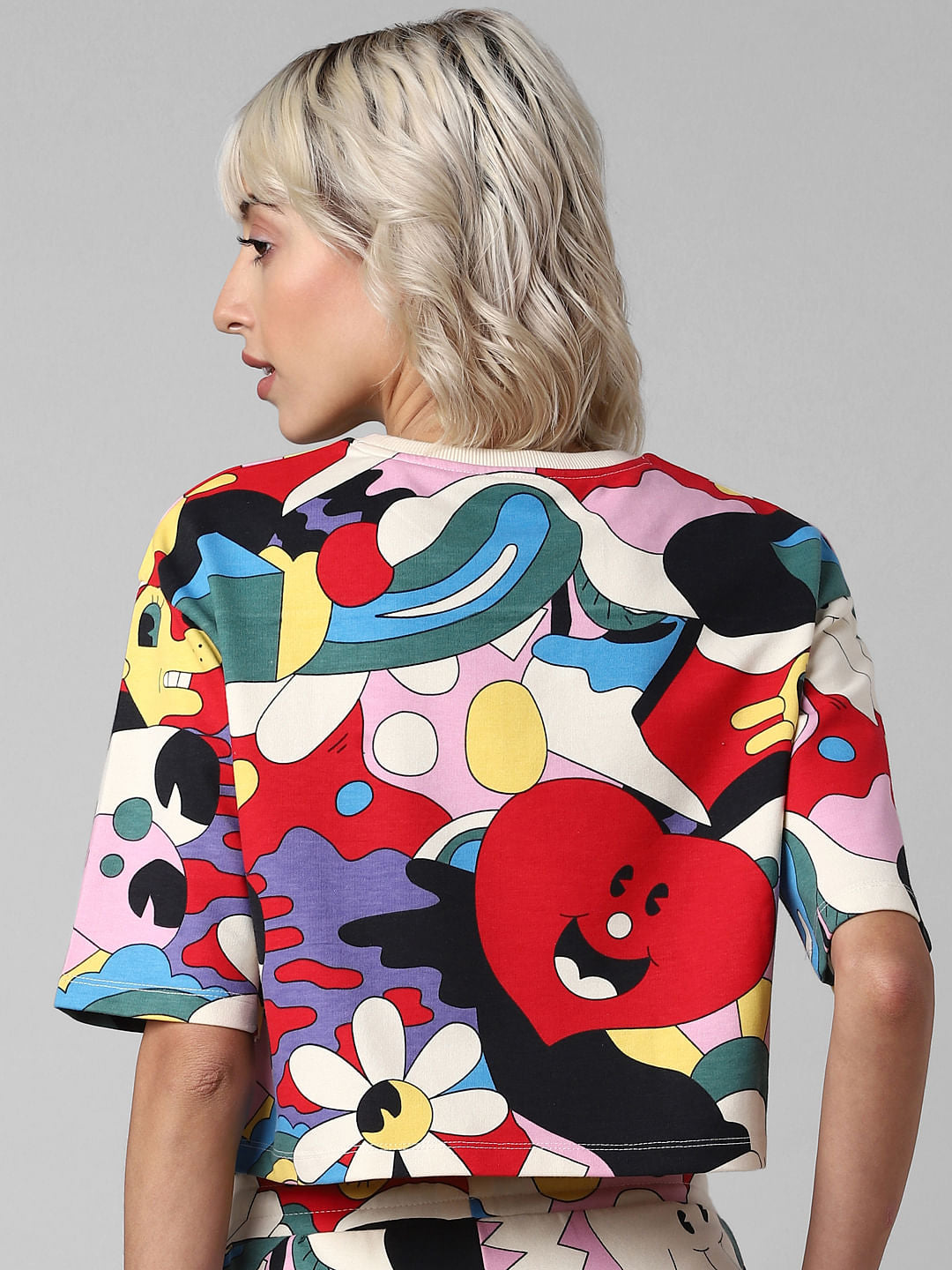 White All Over Print Cropped Sweatshirt