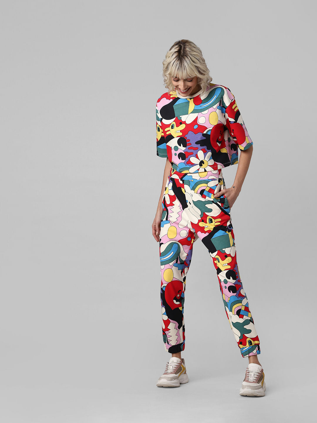 White All Over Print Cropped Sweatshirt