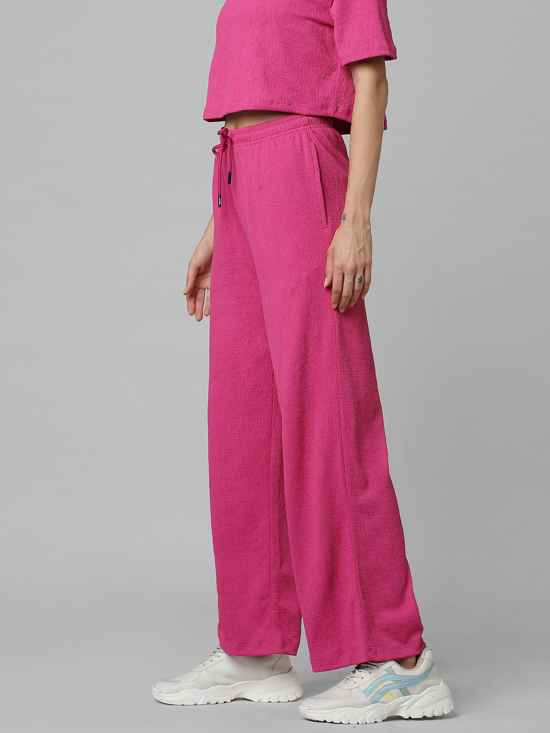 Pink High Rise Textured Co-Ord Set Pants