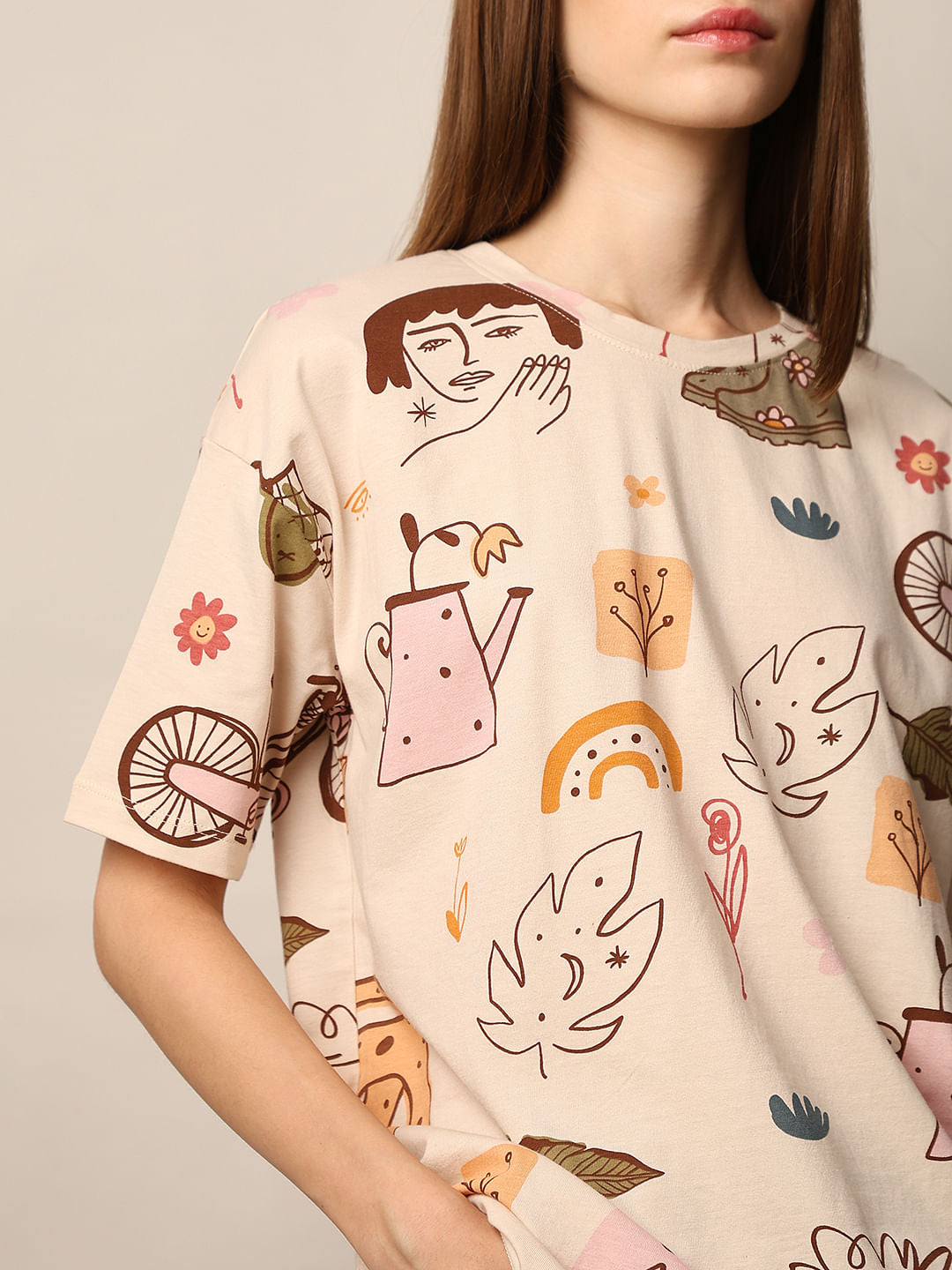 Ecru Printed Cotton Oversized T-Shirt