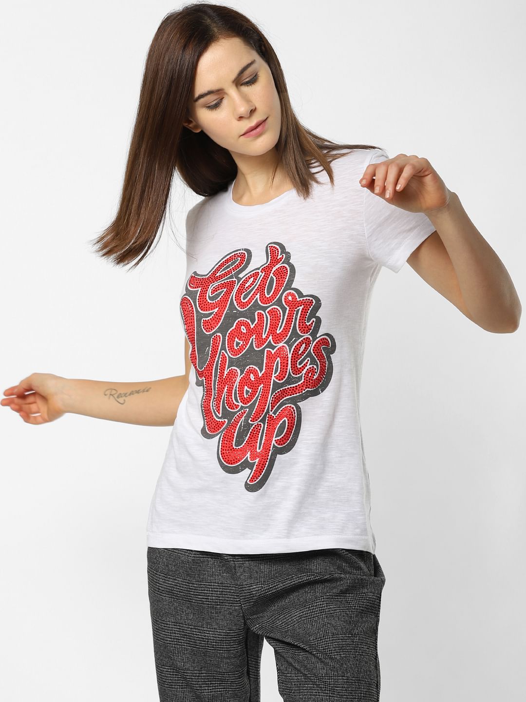 White Embellished Print T-Shirt