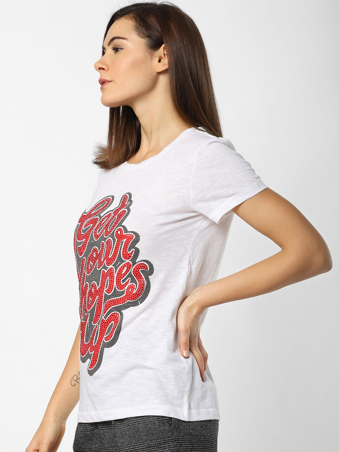 White Embellished Print T-Shirt