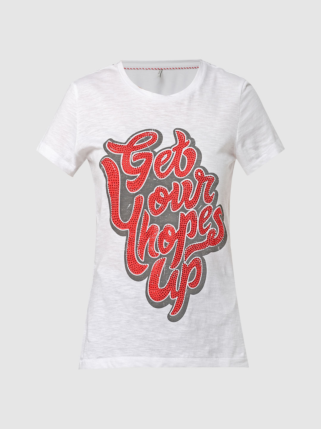 White Embellished Print T-Shirt