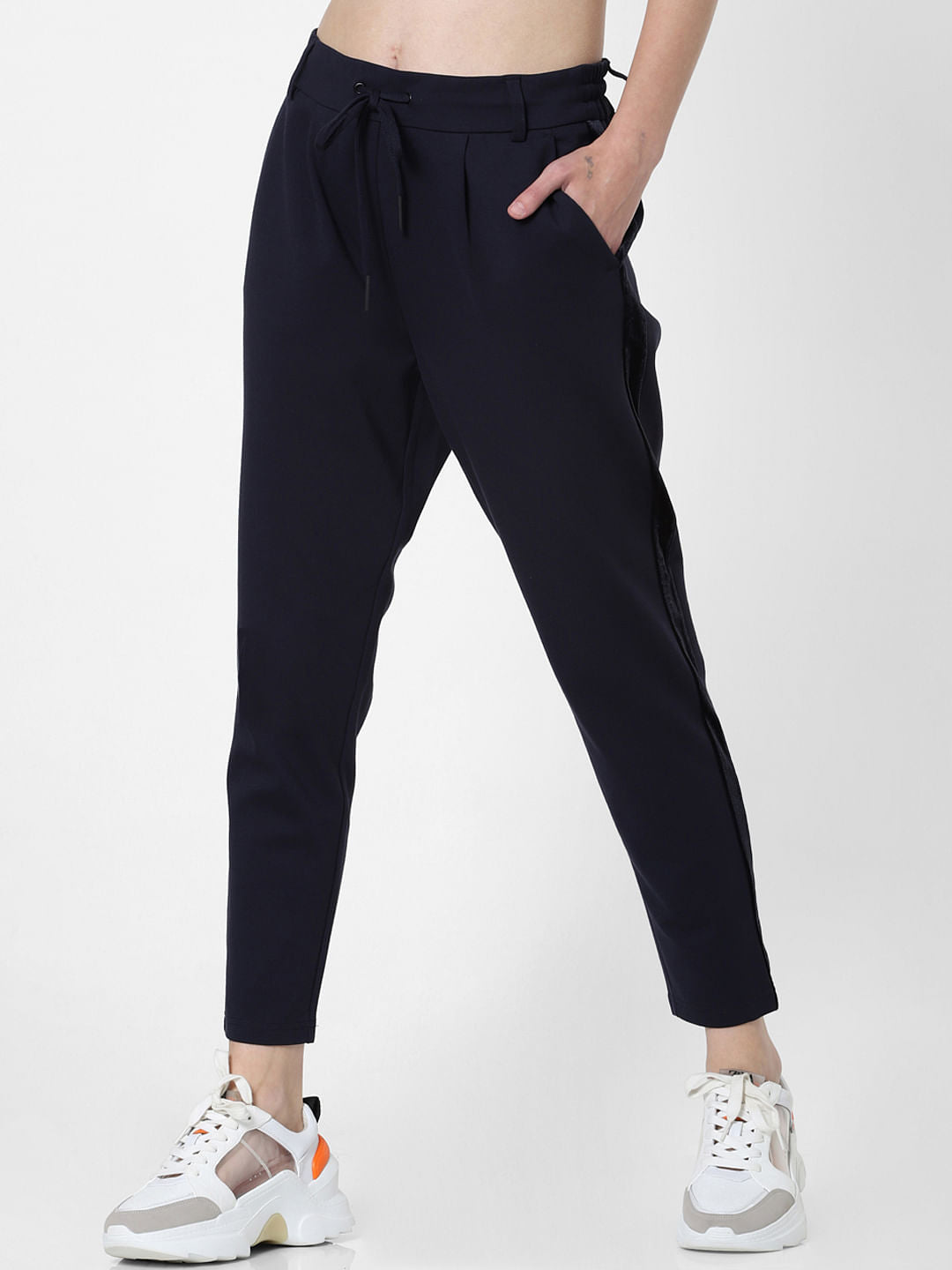 Navy Blue Mid Rise Tape Detail Joggers