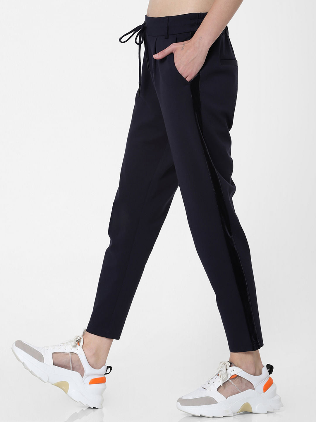 Navy Blue Mid Rise Tape Detail Joggers