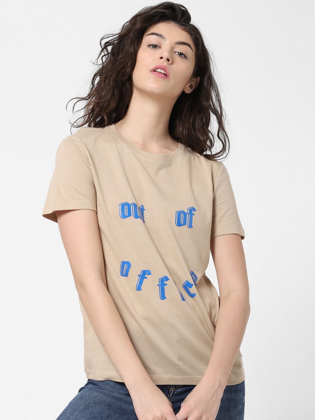 Beige Text Print T-Shirt
