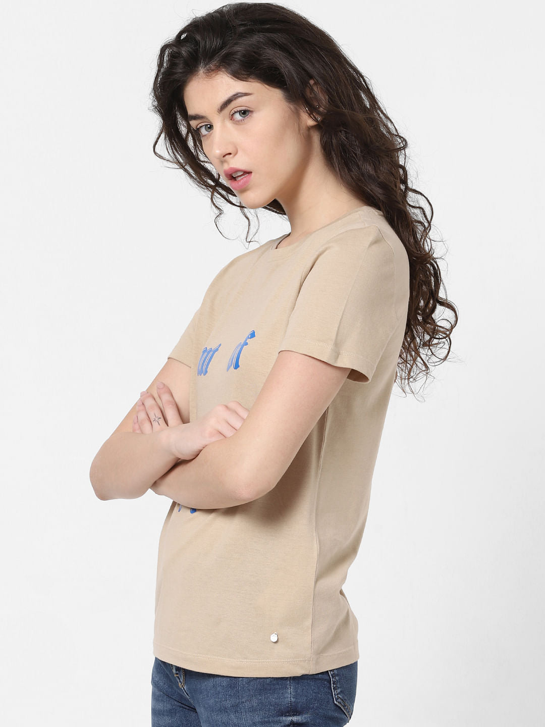 Beige Text Print T-Shirt