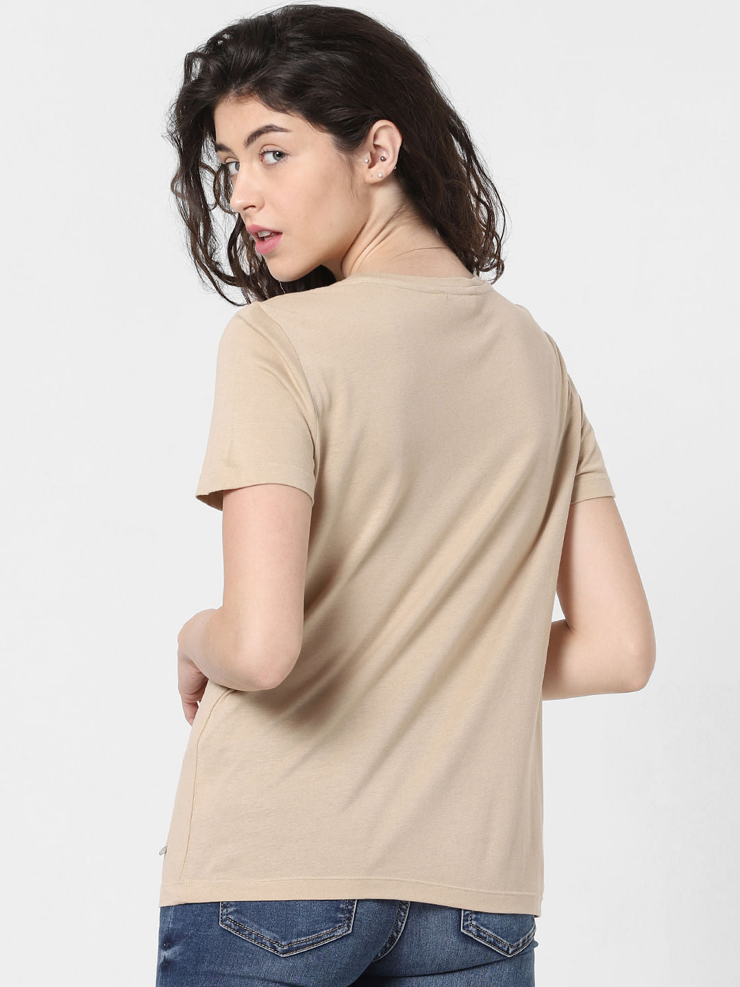 Beige Text Print T-Shirt